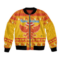 Yellow unisex Christmas bomber jacket with front zipper, red double-headed eagle print