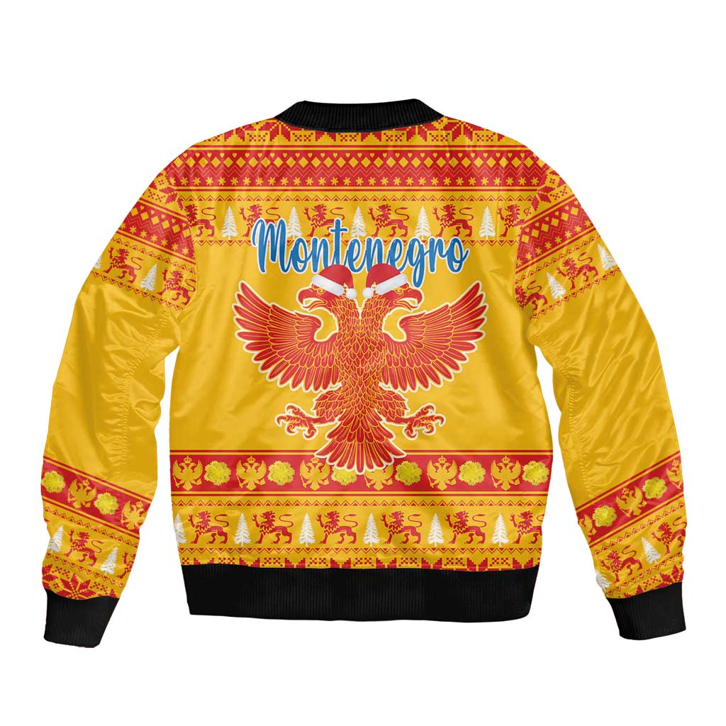 Yellow unisex Christmas bomber jacket, back eagle graphic with Montenegro and holiday borders