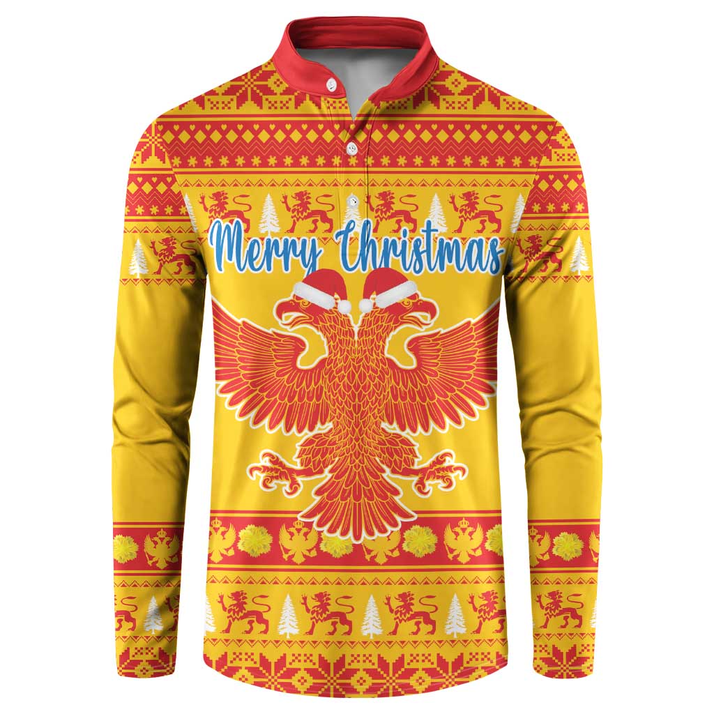 Yellow button-up Christmas sweatshirt with red collar and bold eagle graphic