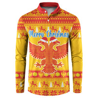 Yellow button-up Christmas sweatshirt with red collar and bold eagle graphic
