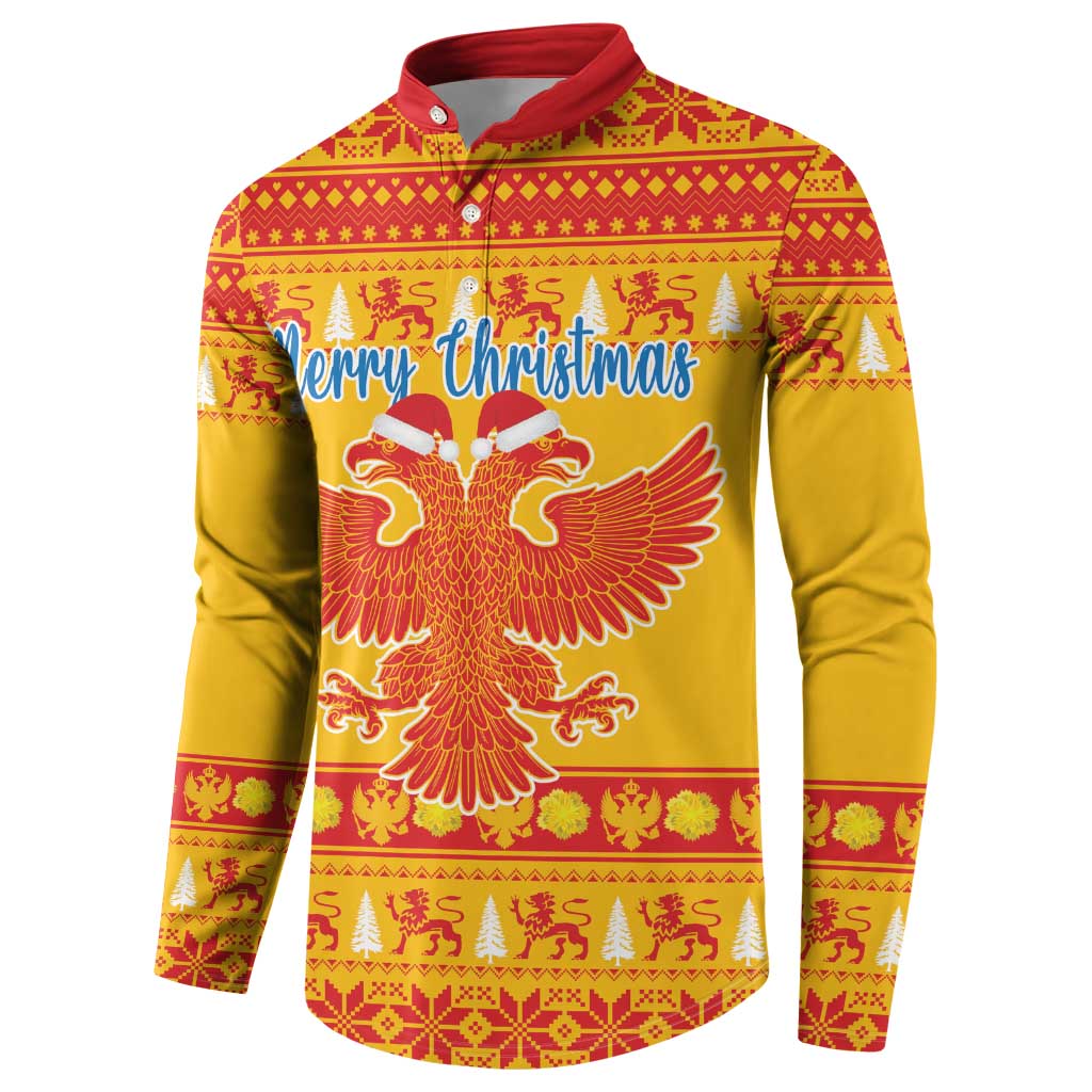 Yellow button-up Christmas sweatshirt with red collar, Merry Christmas print, eagle