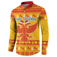 Yellow button-up Christmas sweatshirt with red collar, Merry Christmas print, eagle