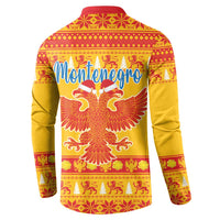 Yellow button-up Christmas sweatshirt with red collar, eagle graphic and Montenegro text