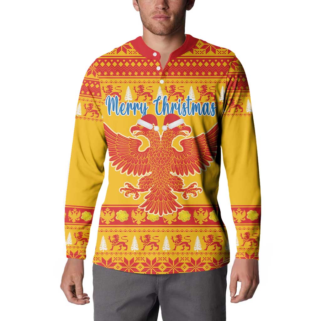 Yellow button-up Christmas sweatshirt with red collar, long sleeves, Merry Christmas eagle