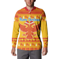 Yellow button-up Christmas sweatshirt with red collar, long sleeves, Merry Christmas eagle