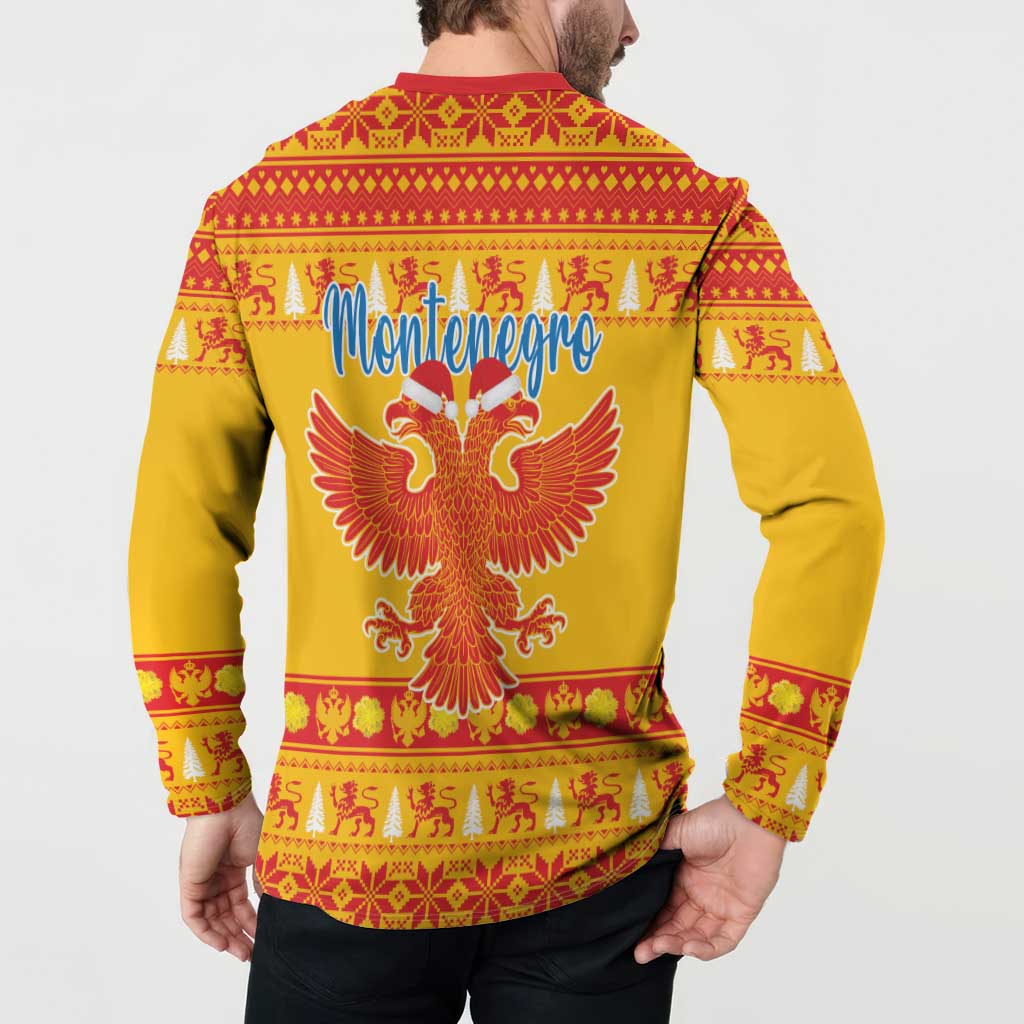 Yellow button-up Christmas sweatshirt with red collar, eagle graphic, Montenegro on back