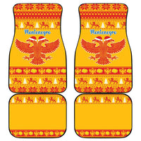 Four-piece yellow Christmas car mat set with red eagle emblem and Montenegro-themed pattern