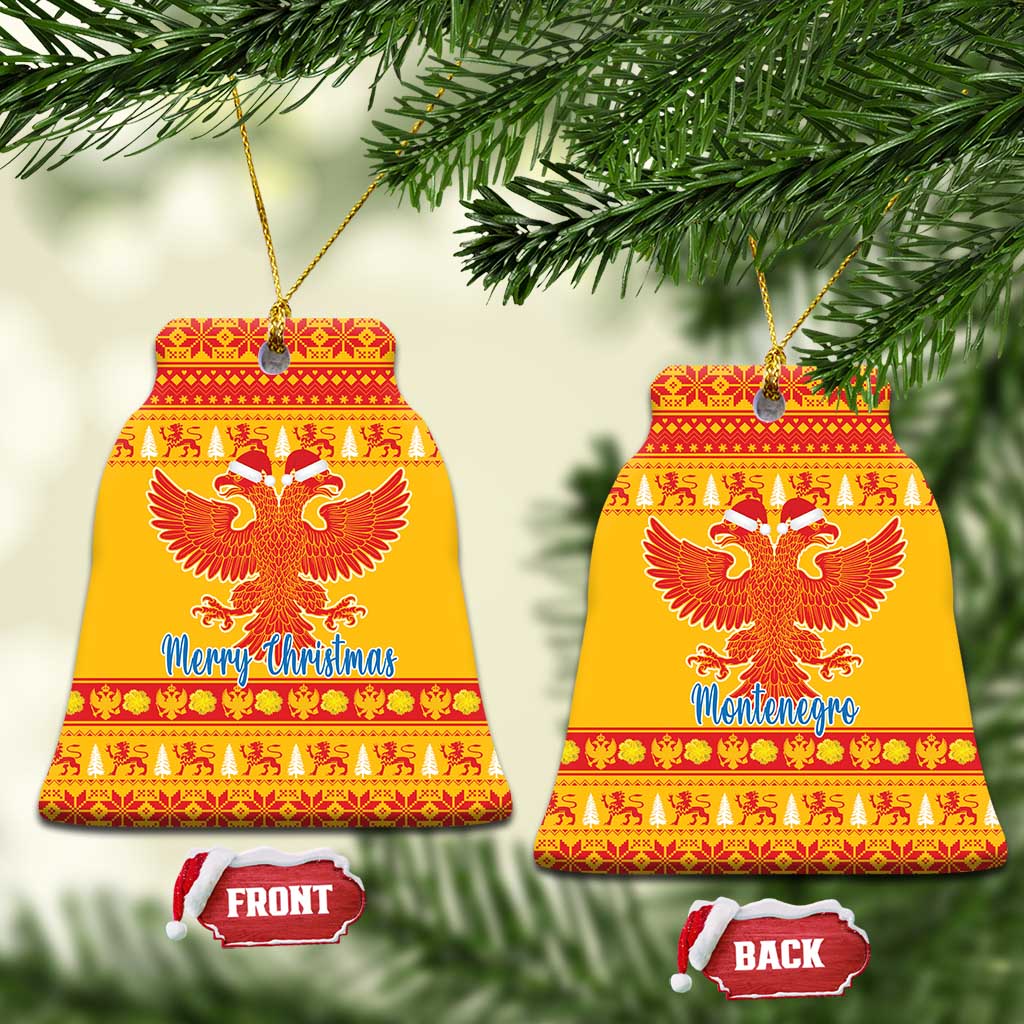 Yellow ceramic double-headed eagle Christmas ornaments, bell-shaped red pattern with 'Merry Christmas' and 'Montenegro'