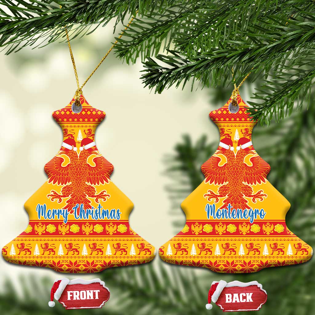 Yellow ceramic double-headed eagle Christmas ornaments, bell-shaped red pattern with 'Merry Christmas' and 'Montenegro'