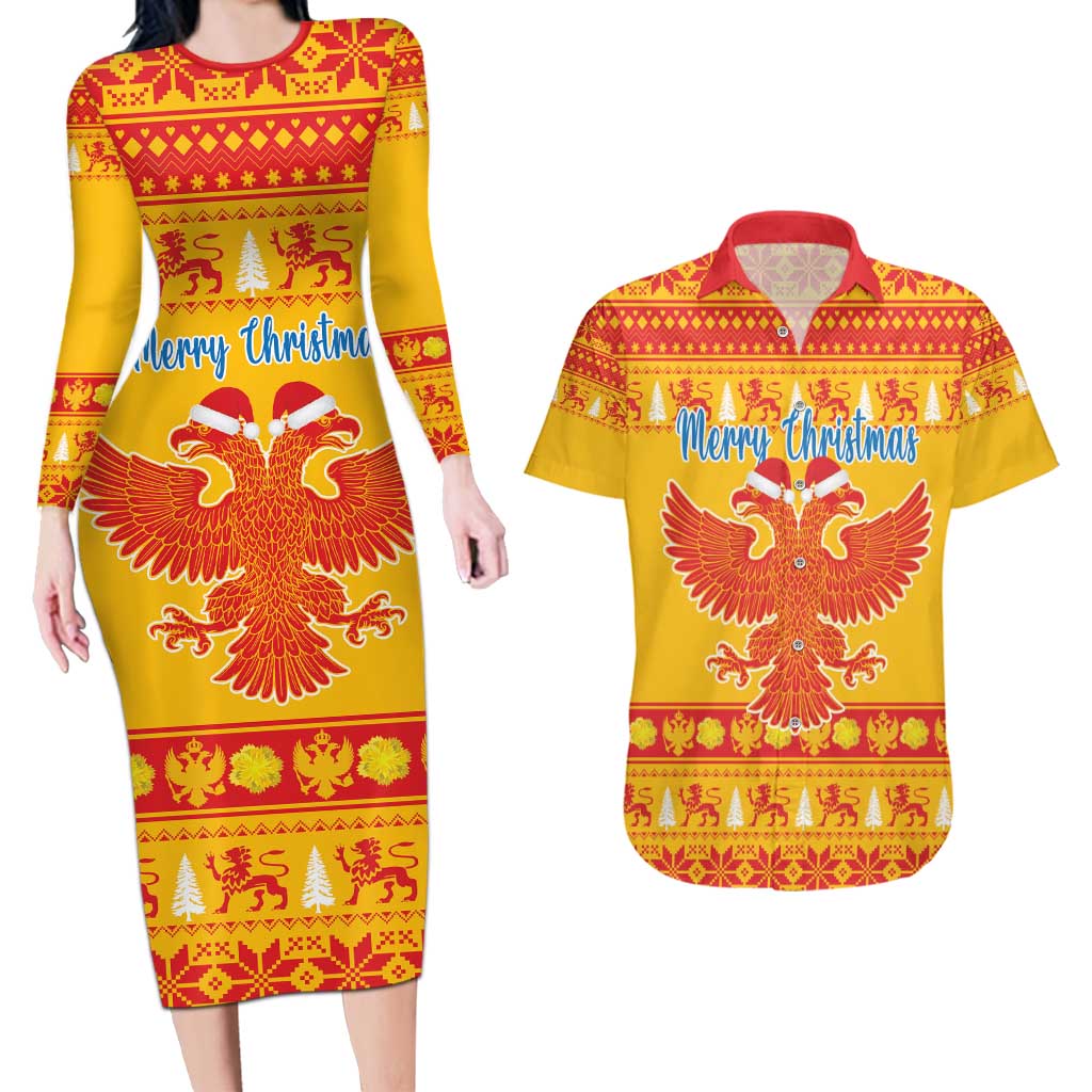 Montenegro Christmas Couples Matching Long Sleeve Bodycon Dress and Hawaiian Shirt Double-headed Eagle With Christmas Pattern - Wonder Print Shop