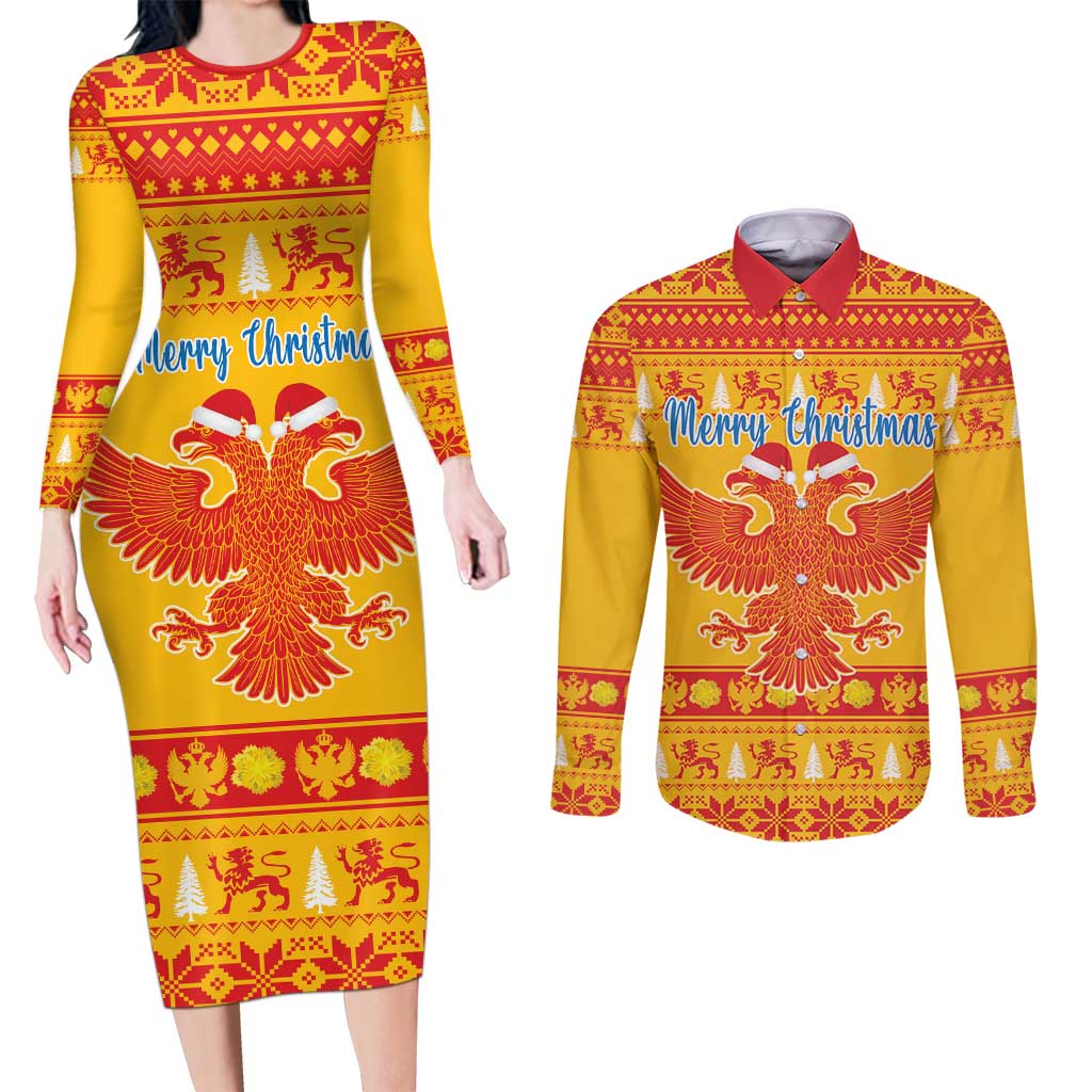 Montenegro Christmas Couples Matching Long Sleeve Bodycon Dress and Long Sleeve Button Shirt Double-headed Eagle With Christmas Pattern - Wonder Print Shop