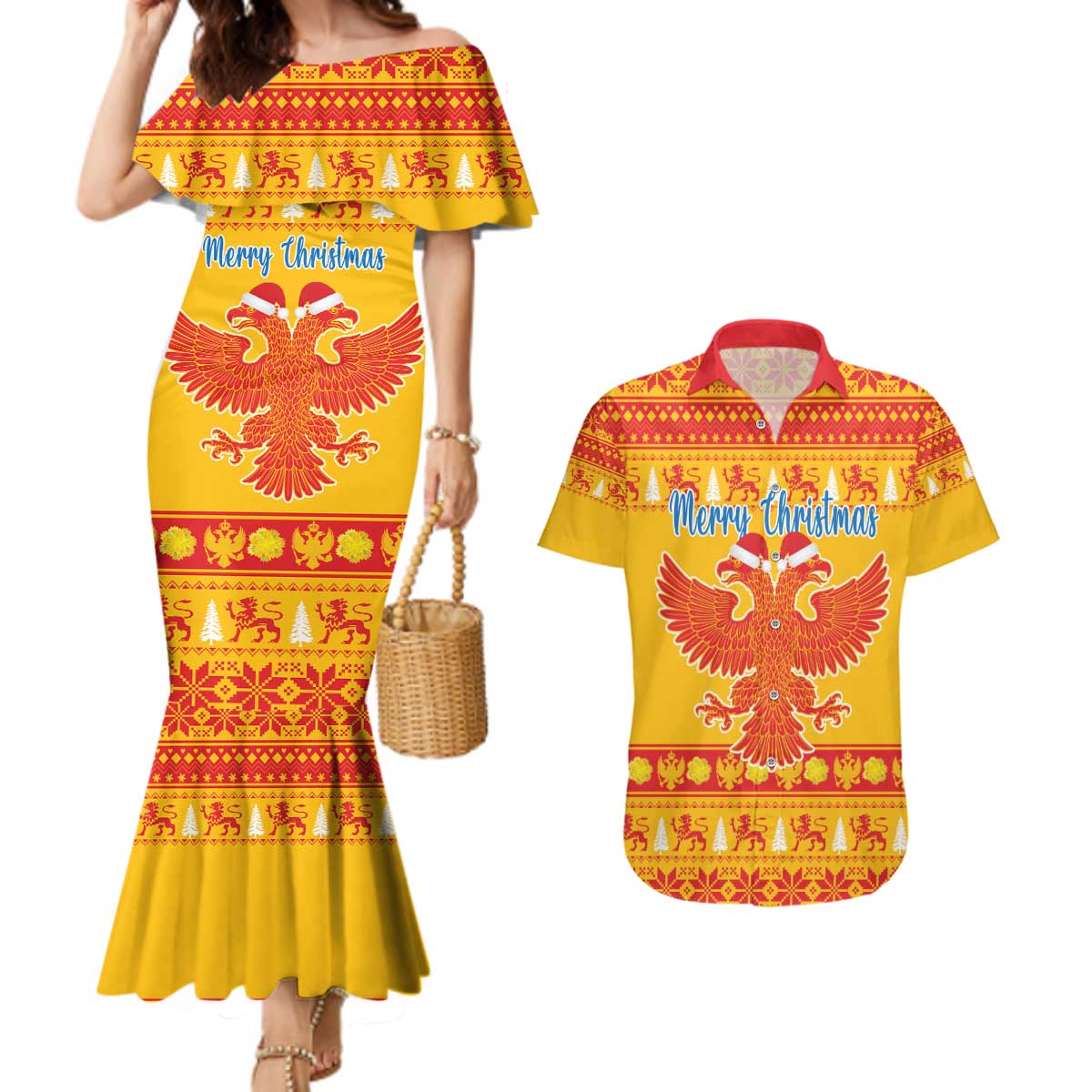 Montenegro Christmas Couples Matching Mermaid Dress and Hawaiian Shirt Double-headed Eagle With Christmas Pattern - Wonder Print Shop