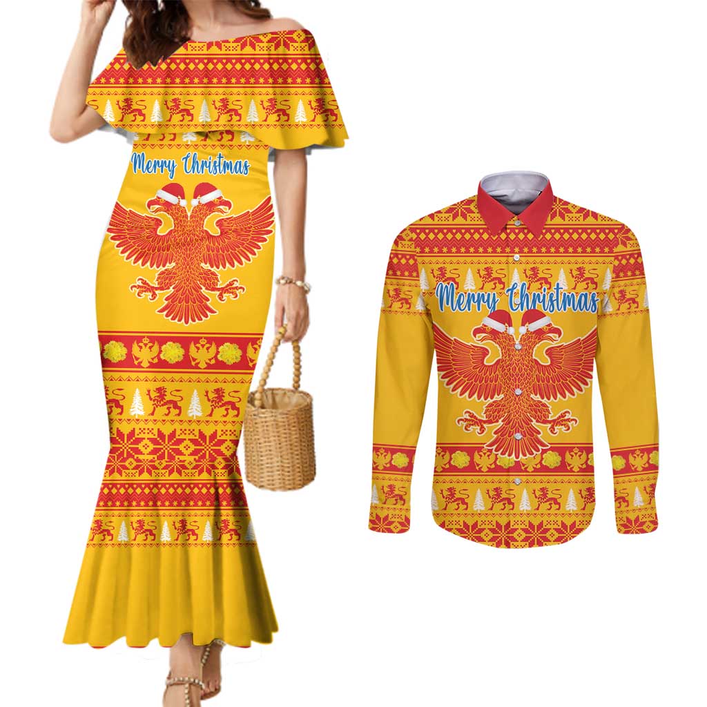 Montenegro Christmas Couples Matching Mermaid Dress and Long Sleeve Button Shirt Double-headed Eagle With Christmas Pattern