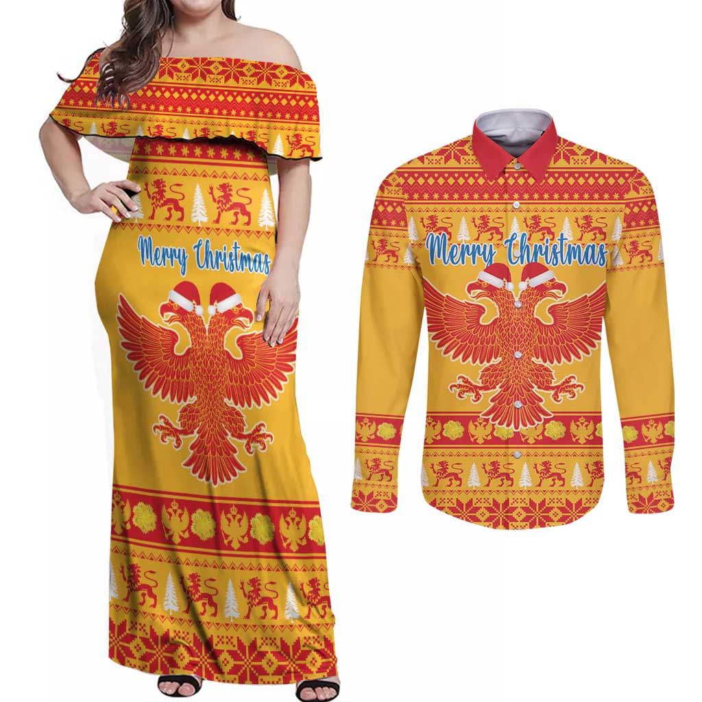 Montenegro Christmas Couples Matching Off Shoulder Maxi Dress and Long Sleeve Button Shirt Double-headed Eagle With Christmas Pattern - Wonder Print Shop