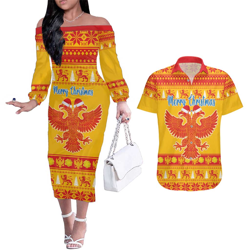 Montenegro Christmas Couples Matching Off The Shoulder Long Sleeve Dress and Hawaiian Shirt Double-headed Eagle With Christmas Pattern - Wonder Print Shop