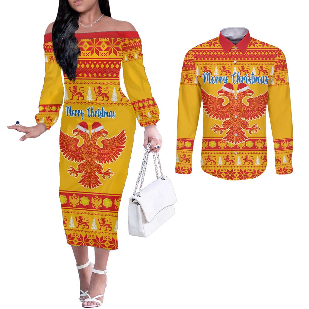 Montenegro Christmas Couples Matching Off The Shoulder Long Sleeve Dress and Long Sleeve Button Shirt Double-headed Eagle With Christmas Pattern