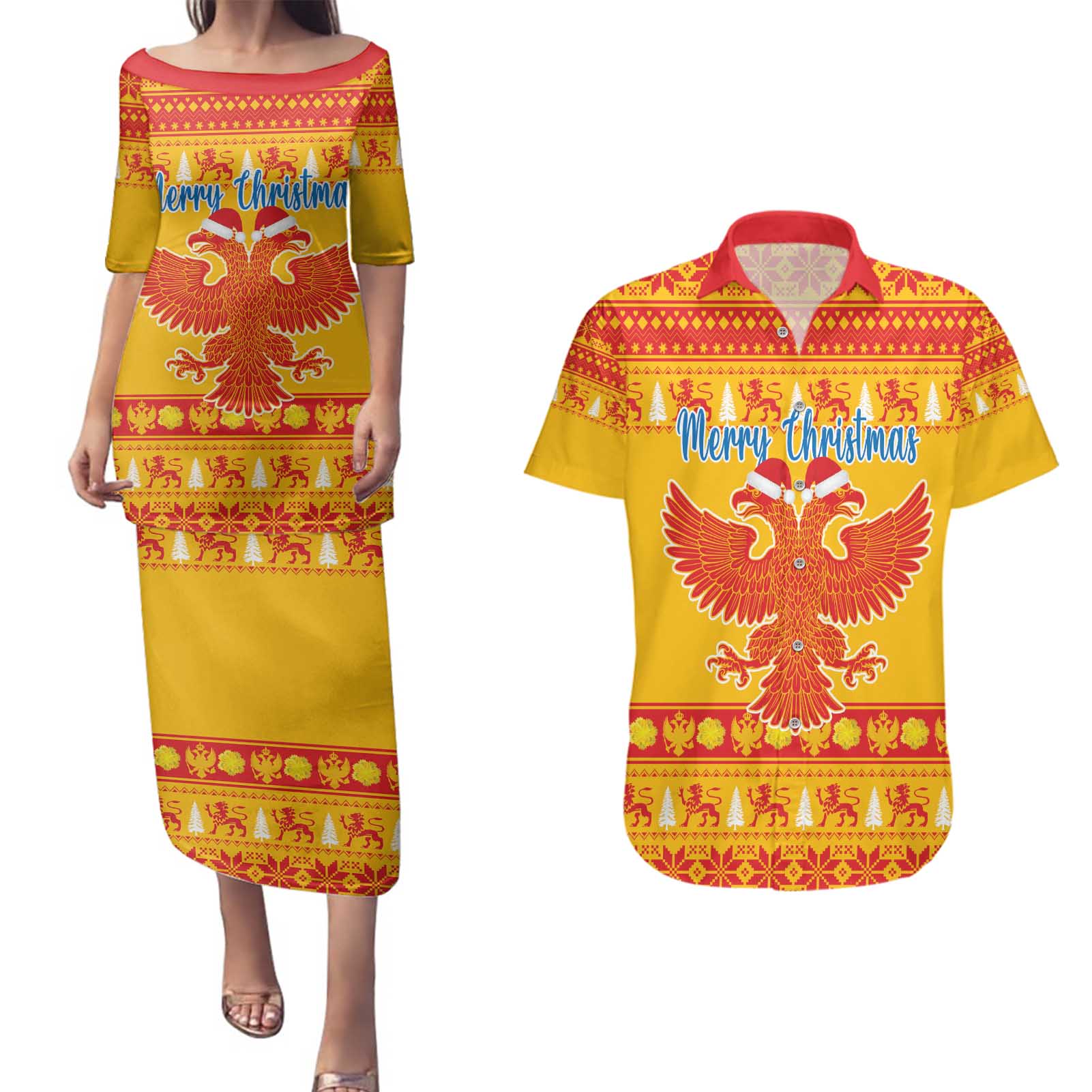 Montenegro Christmas Couples Matching Puletasi and Hawaiian Shirt Double-headed Eagle With Christmas Pattern - Wonder Print Shop