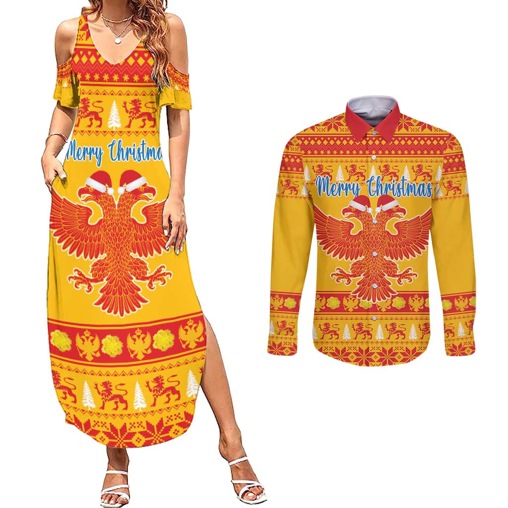 Montenegro Christmas Couples Matching Summer Maxi Dress and Long Sleeve Button Shirt Double-headed Eagle With Christmas Pattern - Wonder Print Shop