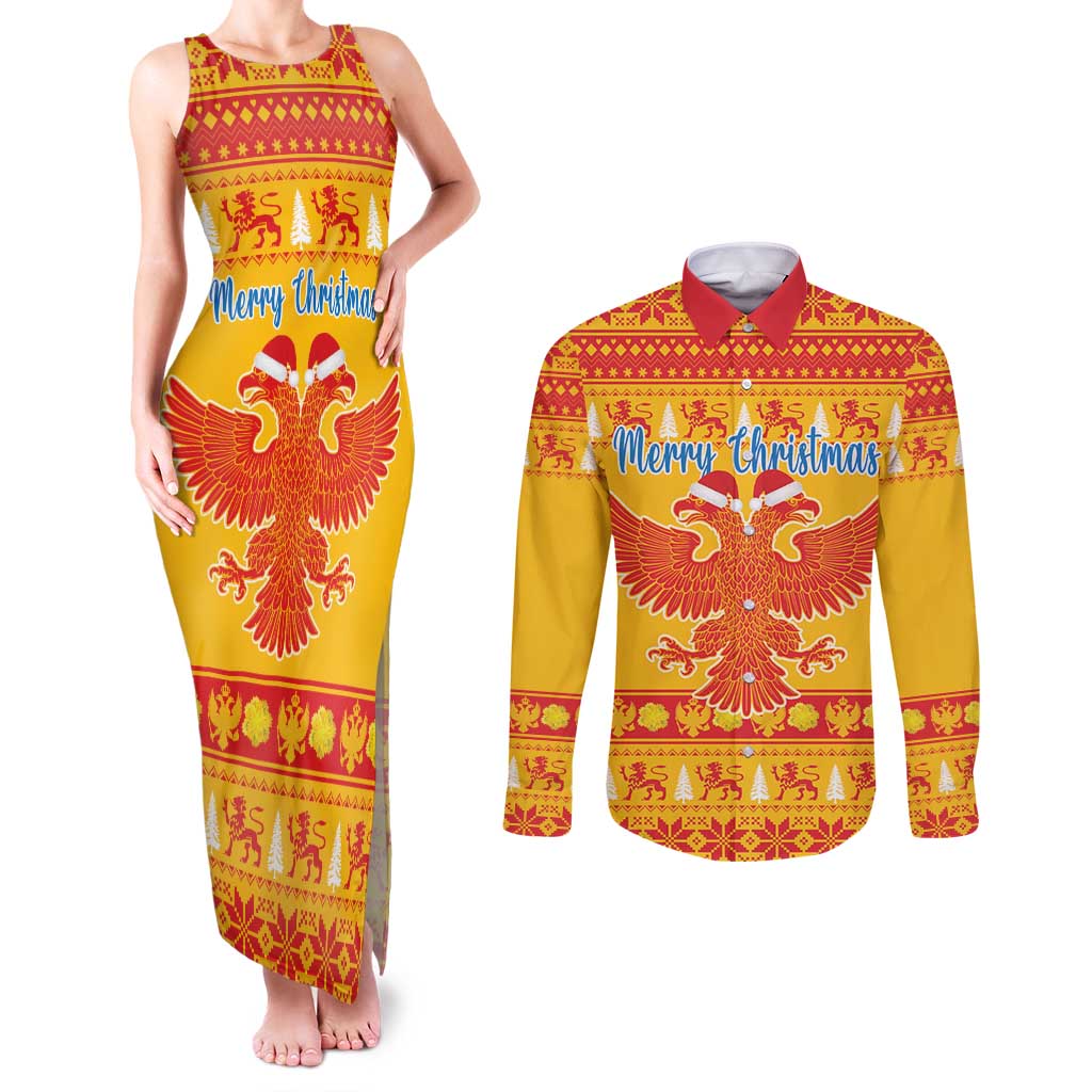 Montenegro Christmas Couples Matching Tank Maxi Dress and Long Sleeve Button Shirt Double-headed Eagle With Christmas Pattern - Wonder Print Shop