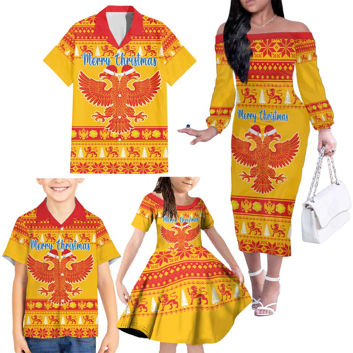 Montenegro Christmas Family Matching Off The Shoulder Long Sleeve Dress and Hawaiian Shirt Double-headed Eagle With Christmas Pattern - Wonder Print Shop