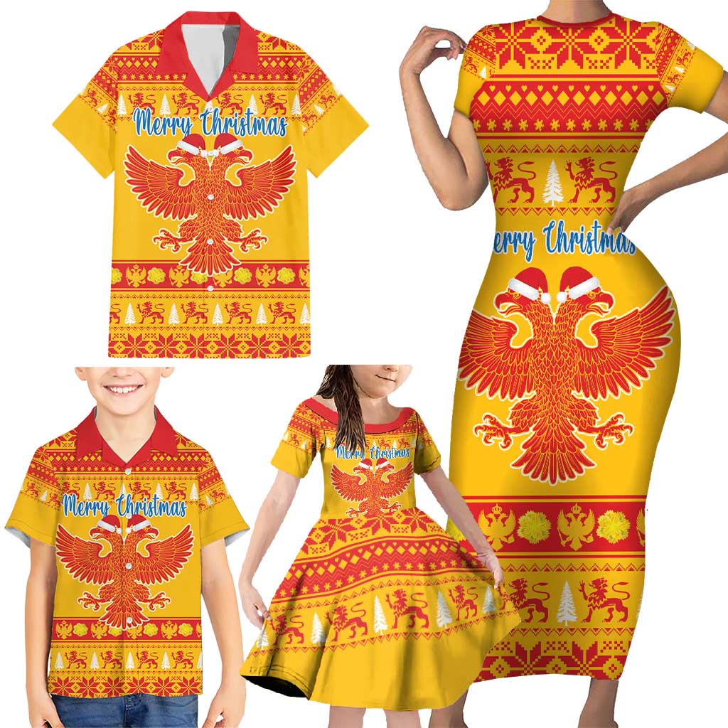 Montenegro Christmas Family Matching Short Sleeve Bodycon Dress and Hawaiian Shirt Double-headed Eagle With Christmas Pattern - Wonder Print Shop