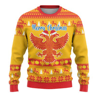 Yellow crewneck sweater with large eagle graphic and 'Merry Christmas' text