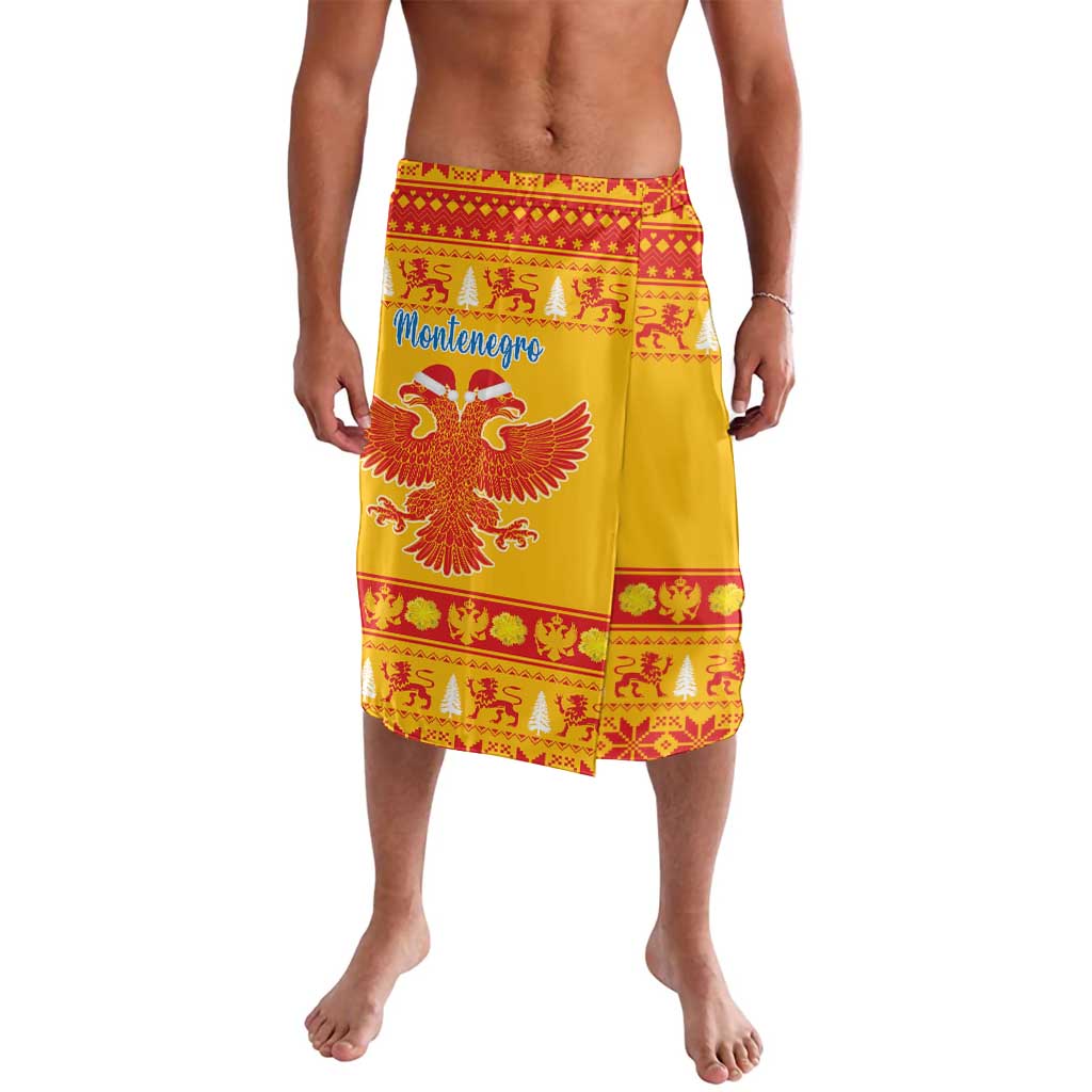 Yellow lava lava wrap skirt with red Christmas border and double-headed eagle print