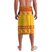 Yellow lava lava wrap skirt with red Christmas border striping on the back