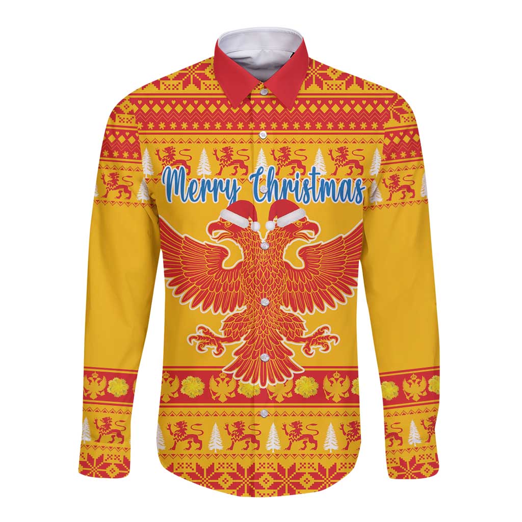 Yellow long-sleeve button shirt with red collar, festive pattern and large eagle front