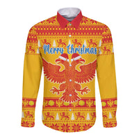 Yellow long-sleeve button shirt with red collar, festive pattern and large eagle front