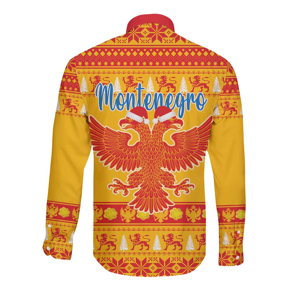 Yellow long-sleeve button shirt with red collar, festive back print and eagle graphic
