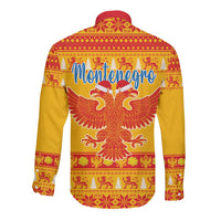 Yellow long-sleeve button shirt with red collar, festive back print and eagle graphic
