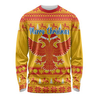 Yellow long-sleeve shirt with Merry Christmas print and double-headed eagle graphic