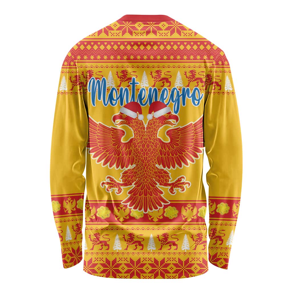 Yellow long-sleeve shirt back with Montenegro text and double-headed eagle graphic