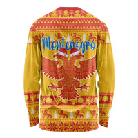 Yellow long-sleeve shirt back with Montenegro text and double-headed eagle graphic
