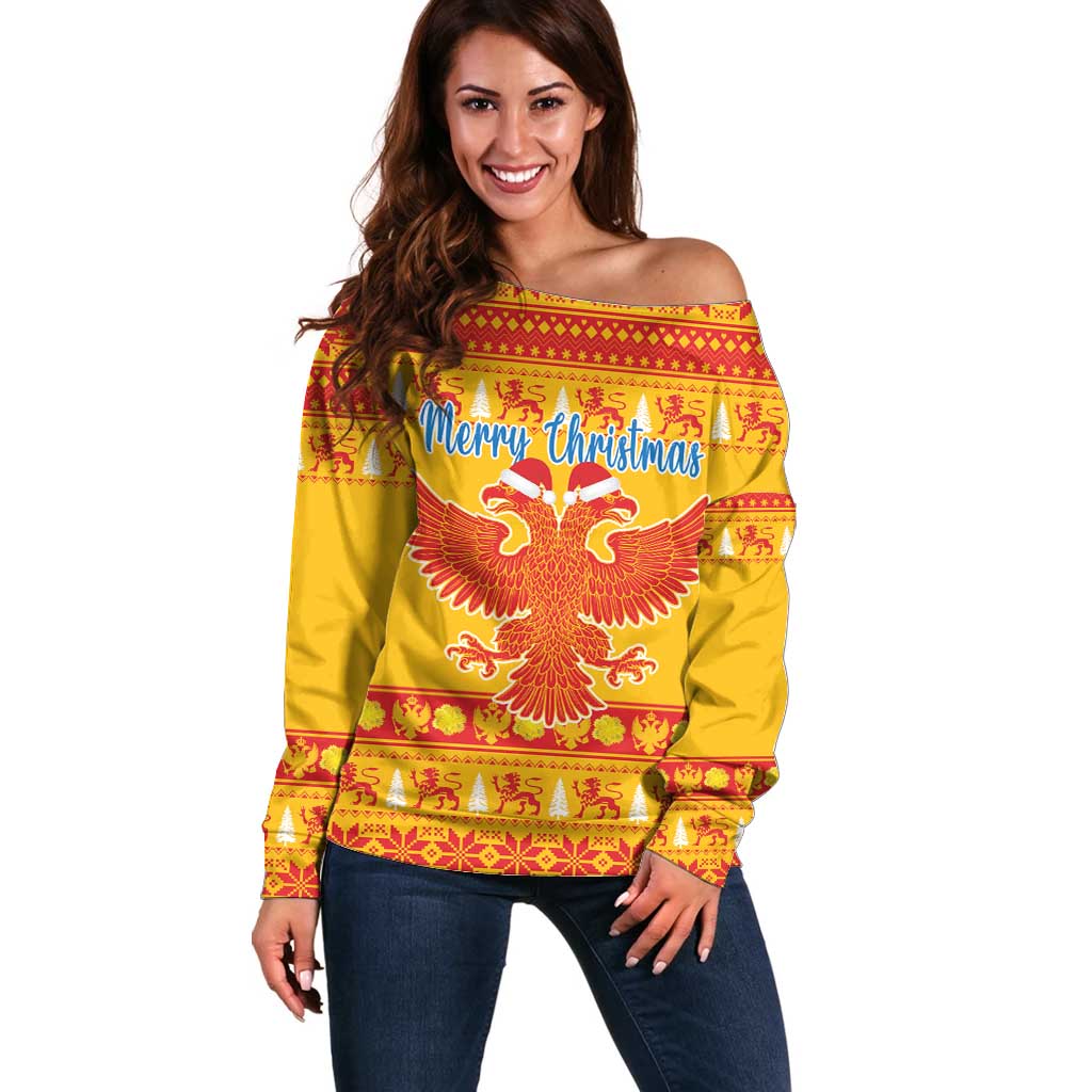 Montenegro Christmas Off Shoulder Sweater Double-headed Eagle With Christmas Pattern