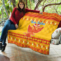 Yellow quilt blanket with red border, “Merry Christmas” and double-headed eagle motif