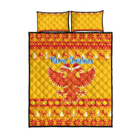 Yellow Christmas quilt bed set with front design, Merry Christmas text, and red eagle
