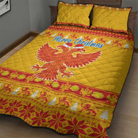 Yellow quilt bed set with large red eagle graphic, Merry Christmas text, and red border