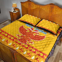 Yellow Christmas quilt bed set with quilted pillows, red eagle and Merry Christmas print