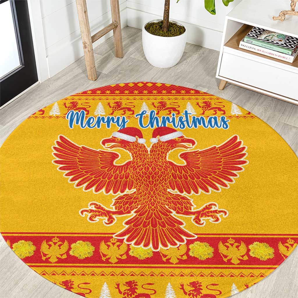 Yellow round Christmas area rug with double-headed eagle and “Merry Christmas” text