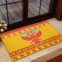 Yellow Christmas rubber doormat with Merry Christmas text, eagle graphic, and red edging