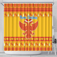 Yellow Christmas shower curtain with red patterned border, double-headed eagle and 'Merry Christmas'