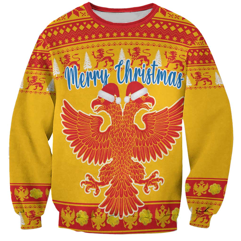 Unisex crew-neck Christmas sweatshirt, yellow with red eagle and Merry Christmas print