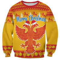 Unisex crew-neck Christmas sweatshirt, yellow with red eagle and Merry Christmas print