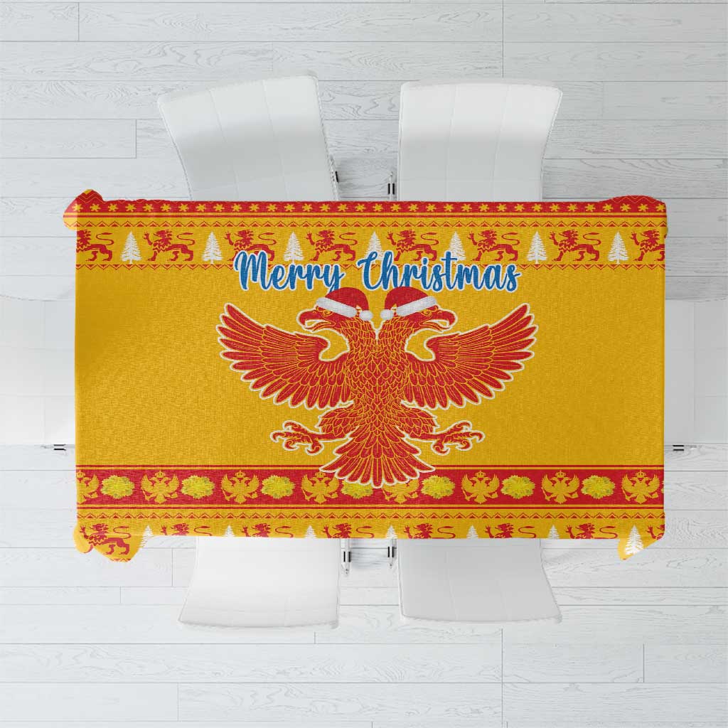 Yellow Christmas tablecloth with red double-headed eagle and ornate border pattern