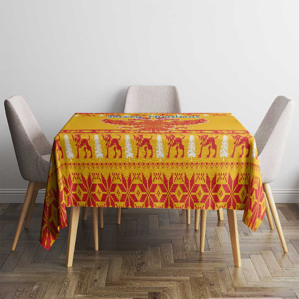 Yellow Christmas tablecloth with red animal motif and diamond patterned border