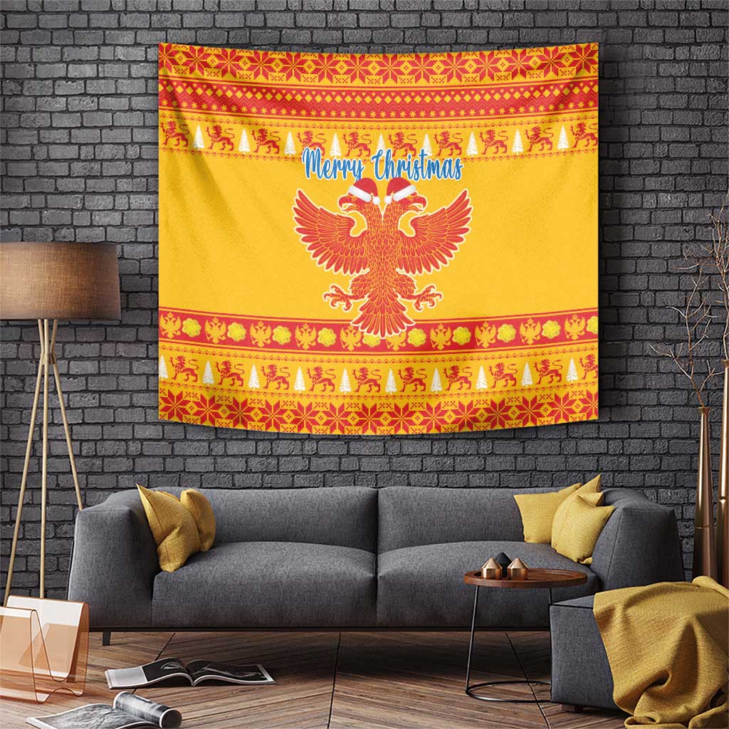 Yellow wall tapestry with central eagle emblem, 'Merry Christmas' and red patterned bands