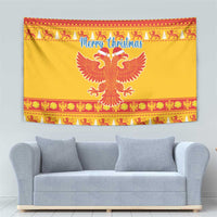 Yellow festive tapestry featuring eagle emblem, 'Merry Christmas' lettering and red trim
