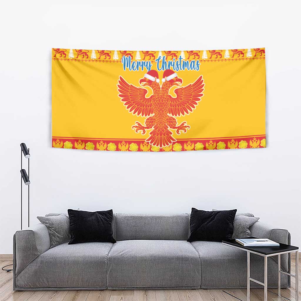 Yellow Christmas tapestry with double-headed eagle, 'Merry Christmas' text and red border